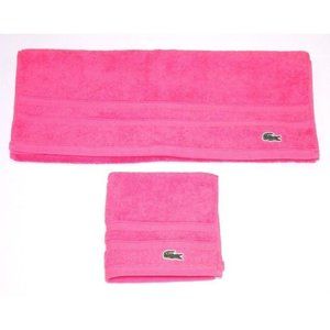 LACOSTE Croc Logo 1 WASH Cloth 13"x13" & 1 GUEST Terry TOWEL 18"x 18" Set PINK